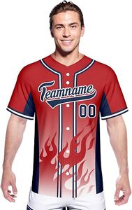 Custom Baseball Jersey Red Navy <b>Flame</b> Design Sublimation Print Breathable Polyester Men's Short Sleeve Button Up <b>Shirt</b> - Product Image 2