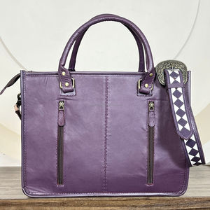 Sac fourre-tout en cuir de vachette de haute qualité, fait main, avec motif damier violet et blanc, sac à bandoulière à franges pour femmes - Product Image 6