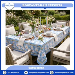 Floral Printed Cotton <b>Linen</b> <b>Tablecloth</b> 150x220 cms Rectangular Outdoor Pastoral Style Washable Blue <b>White</b> Pattern At Bulk Supply - Product Image 2