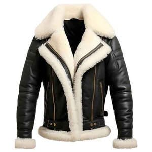 Brown Sheep Leather Men's Windproof Jacket Sherpa Lined Stand Collar <b>Zip</b>-<b>Up</b> Regular Fit Winter Outerwear with Logo Embossed 240g - Product Image 1