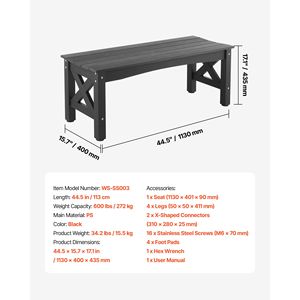 Panca da Esterno con Telaio in Acciaio e Legno da 44,5 Pollici, Capacità di Carico 600 Libbre, Piedini in Plastica Resistenti alle Intemperie, Gambe Spesse - Product Image 2