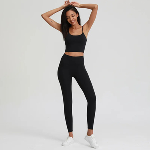 Ensemble de sport 2 pièces respirant pour femme, grande taille, en Spandex/Polyester, avec logo personnalisé, soutien-gorge et leggings taille haute, pour gym, fitness et yoga - Product Image 6
