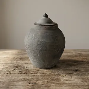 Jarrón Rústico Estilo Pueblo Cipriota con Tapa, Recipiente Decorativo de Cerámica Gris, Pieza Decorativa Tradicional Hecha a Mano para el Hogar - Product Image 3