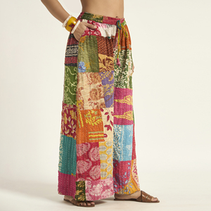 Pantalones Palazzo de Mujer al por Mayor, Estilo Vintage Kantha, Hechos a Mano con Algodón Reciclado, Pierna Ancha, Boho, Cintura Elástica para Verano - Product Image 3