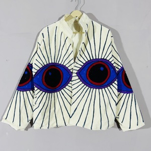 Chaqueta Suzani de Terciopelo Crema con Bordado de Ojos – Abrigo Bohemio Hecho a Mano para Festivales, Prenda Exterior Artística y Distintiva - Product Image 1