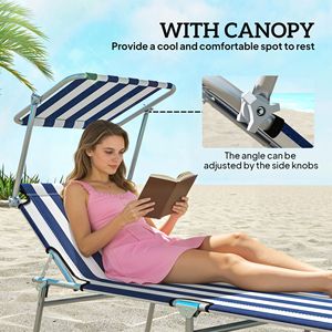 Outdoor <b>Pool</b> Folding <b>Tanning</b> Lounge Chair with Sun Shade Blue and White Aluminum Frame Olefin Cushion for <b>Tanning</b> by the <b>Pool</b> - Product Image 6