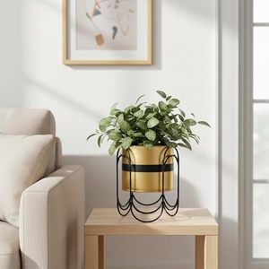 Modern Gold Plated Metal Flower <b>Pot</b> With Circular Wire Stand For Indoor Desktop Planters Minimalist Design - Product Image 1