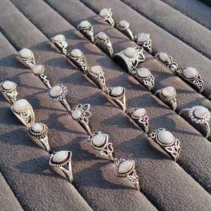 Wholesale Brass Moonstone Adjustable <b>Rings</b> Set Women Natural Gemstone Silver Plated Bohemia Bezel Setting Wedding Statement - Product Image 4