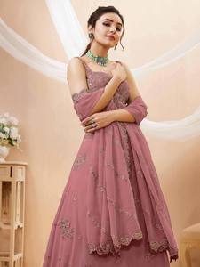 Pink Embroidered Georgette Indian Pakistani Lehenga Set Choli <b>Dupatta</b> <b>Netted</b> Floor-Length Formal Wear Wedding Banquet Outfit - Product Image 4
