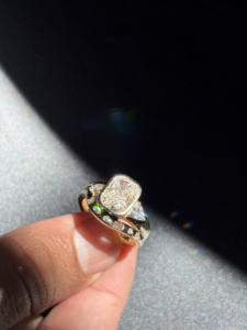Solid Yellow Gold Lab Grown Diamond Bridal Set Cushion Cut Full Bezel Asymmetrical Triangle Pear <b>Confetti</b> Curved Band Jewelry - Product Image 6