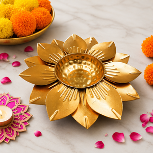Handcrafted Golden Lotus Urli <b>Bowl</b> Floating Flowers Diyas <b>Metal</b> Centerpiece Christmas Home Decor - Product Image 4