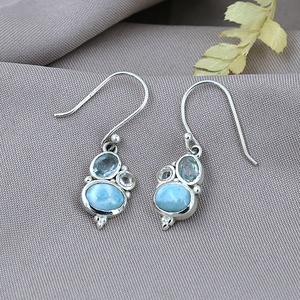 Pendientes Colgantes de Plata de Ley 925 con Larimar, Piedra Lunar y Topacio Azul, Hechos a Mano con Piedra Natural, Joyería Bohemia - Product Image 5
