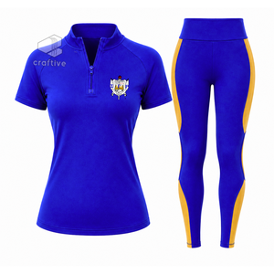 ชุดออกกำลังกายสำหรับผู้หญิง Sigma Gamma Rho เสื้อครอปซิป แขนสั้น กางเกงเลกกิ้งเอวสูง พร้อมแถบสีทองตัดกัน ชุดกีฬา - Product Image 1