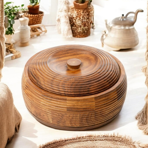 Caja Redonda de Madera Artesanal para Chapati, Roti Dabba con Tapa, Ecológica, de Madera de Mango, para Olla Caliente - Product Image 2