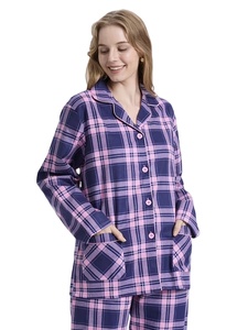 Ensemble de pyjama en flanelle confortable pour femmes, manches longues, col à revers, motif à carreaux, haut boutonné tissé et pantalon long, décontracté, automne/hiver - Product Image 6