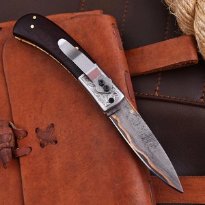 Hand Forged Copper Damascus Folding <b>Knife</b> with Burnt <b>Bone</b> <b>Handle</b> and Leather Sheath Custom CuMai EDC Pocket Hunting <b>Knife</b> - Product Image 3