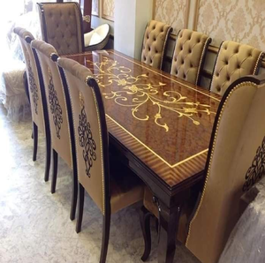 Traditional 8-seater European <b>dining</b> table <b>set</b> featuring geometric wood inlay tabletop and plush tufted <b>chairs</b>, at wholesale. - Product Image 4
