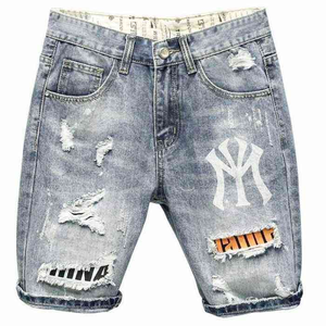 2026 <b>Men's</b> Ripped Distressed Denim <b>Shorts</b> Graphic <b>Patch</b> Streetwear Hip Hop Light Blue Jeans <b>Short</b> Wholesale - Product Image 2