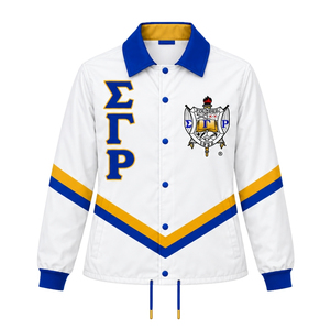 <b>White</b> Women's Varsity Jacket Blue Gold Greek Letter Snap <b>Button</b> Long Sleeve Striped Casual Collegiate Outerwear Embroidered - Product Image 1
