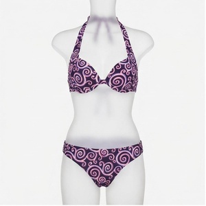 Ensemble bikini 2 pièces pour femmes, imprimé tourbillon, col halter, tissu extensible, bas de bikini hipster - Product Image 1