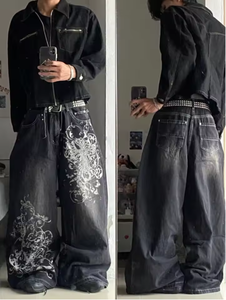 Jean décontracté noir délavé à grandes imprimées style Harajuku pour homme, coupe droite taille haute, jambe large, style Y2K Dark Rock Hip Hop Joker - Product Image 2