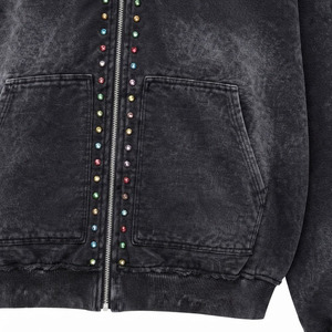 <b>Vintage</b> Acid Wash Rhinestone Zip Up Hoodie <b>Oversized</b> Cotton French Terry Men's <b>Sweatshirt</b> - Product Image 6