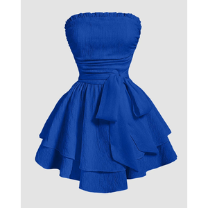 Vestido Mini Azul Rey sin Tirantes con Volantes y Pliegues - Product Image 3