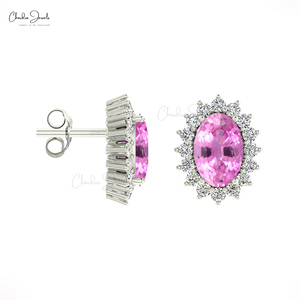 Pendientes de Oro Fino de 14K con Zafiro Rosa Genuino de 6x4MM en Forma Ovalada y Halo de Diamantes, Joyería de Boda Hecha a Mano para Damas de Honor - Product Image 5