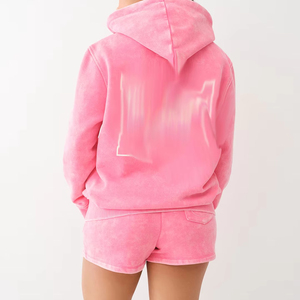 Conjuntos de ropa para mujer de 2 piezas, transpirables, lisos, teñidos, vintage, con efecto lavado ácido, con pantalones cortos y sudaderas con capucha de manga larga, en MOQ bajo. - Product Image 2