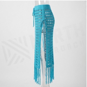 Turquoise Knitted Hollow Out <b>Skirt</b> With Drawstring And Tassel Trim Women's Beachwear - Product Image 3