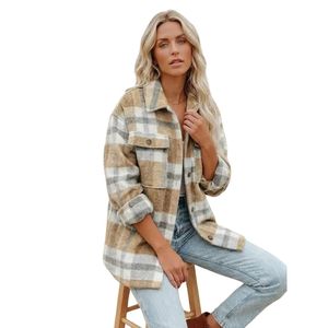 Chaqueta de punto a cuadros beige, marrón y gris para mujer, de manga larga, con botones frontales, estilo oversize, informal, personalizada OEM - Product Image 5