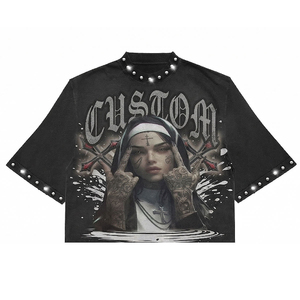 เสื้อยืดโอเวอร์ไซส์พิมพ์ลายแม่ชีสไตล์โกธิค แขนสั้น คอกลม ทรงครอป ผ้าฝ้าย สไตล์สตรีท สำหรับผู้ชาย - Product Image 1