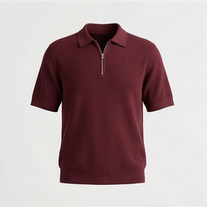 Polo à manches courtes en tricot pour homme, couleur unie, fermeture éclair sur le devant, style décontracté, bordeaux - Product Image 1