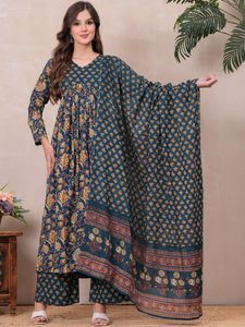 <b>Women</b> Floral Printed Blue Cotton <b>Kurta</b> Palazzo Set Dupatta V-Neck Regular Fit Knee-Length Traditional Ethnic Casual Wear Quick - Product Image 1