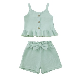 Ensembles de vêtements pour fillettes personnalisés avec logo d'usine, débardeurs côtelés doux d'été avec short à nœud, ensembles décontractés deux pièces pour filles - Product Image 5