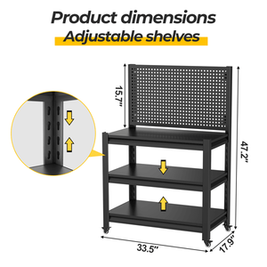 Banco da Lavoro Robusto con Ruote, Capacità 1360 kg, con Pannello Forato e Ripiani Regolabili, Carrello Porta Attrezzi, Tavolo da Lavoro per Garage - Product Image 2