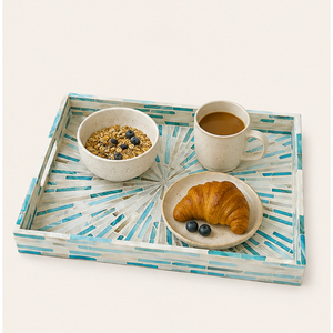 Plateau de service rectangulaire de luxe en nacre incrustée, mosaïque turquoise géométrique, pour centre de table basse - Vente en gros - Product Image 6