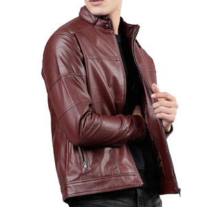 Men’s Premium Brown Leather <b>Jacket</b> <b>Slim</b> <b>Fit</b> Stand Collar Zipper Casual Biker Style Lightweight Fashion Outerwear <b>Jacket</b> - Product Image 4