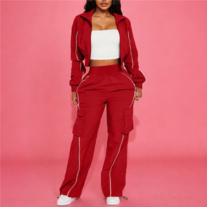 Spring New Fashion Two Piece Outfits Woman Long Sleeves Stripe Patchwork Pocket Crop Top and <b>Pants</b> - Product Image 4