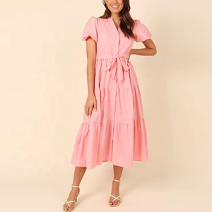 Vestido de Moda al por Mayor para Niñas con Botones al Frente, Elegante, Personalizado, Ropa de Mujer, Vestidos Camiseros con Cinturón, Casual - Product Image 1