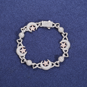 925 Silver Lab Grown Diamond Crescent Moon <b>Star</b> Bracelet Iced Link Luxury Jewellery <b>Gift</b> - Product Image 1