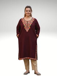 Safaa Authentic <b>Women's</b> Kashmiri Pheran - Premium Woolen Aari Embroidered Winter <b>Kurta</b> - Product Image 2
