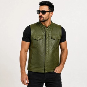 Gilet de moto en cuir véritable noir pour homme, veste sans manches, fermeture éclair sur le devant - Product Image 5