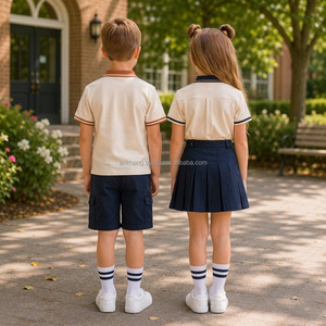 Ensemble uniforme scolaire pour enfants, coton Oxford, garçons et filles, chemise à manches courtes avec poche, jupe bleu marine, short, chaussures blanches - Product Image 2
