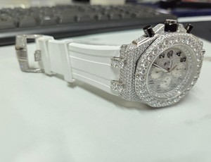 Maa Uma Creation Luxury Men's Miyota Chronograph <b>Watch</b> <b>Diamond</b> Encrustation White Silicone Strap Stainless Steel Case Analog - Product Image 1