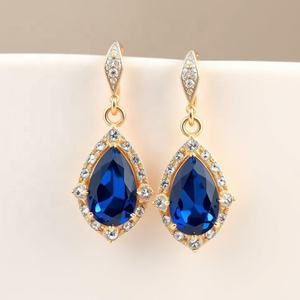 ต่างหูแบบห้อยประดับอัญมณีสีฟ้าทำมือสไตล์วินเทจหรูหราสำหรับผู้หญิงเครื่องประดับแฟชั่น - Product Image 4