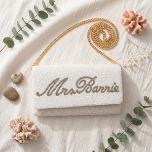 Bolso de mano nupcial vintage personalizado con cuentas, botón y correa de cadena de perlas, forrado en lino blanco, para fiesta de noche - Product Image 3