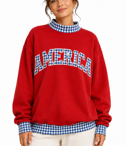 Manufacturer Custom Logo Women's <b>Mock</b> <b>Neck</b> Sweatshirt Letter Applique Patchwork Loose Long Sleeve Contrast Polka Dot <b>Top</b> - Product Image 5