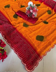 Sari Tradicional de Rayón Amarillo y Rojo con Estampado Bandhani para Mujer, Marca K V INTERNATIONAL, Ideal para Bodas y Fiestas de Otoño - Product Image 3