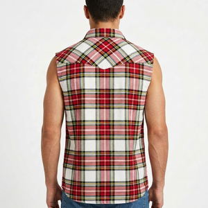 Premium Customized Print <b>Men</b> Sleeveless Plaid Flannel <b>Shirt</b> Button Down <b>Collar</b> Casual 100% Cotton Breathable Woven Plaid <b>Shirts</b> - Product Image 2
